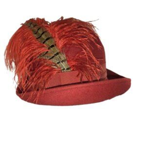 Vintage Lancaster 100% Red Wool Felt Hat with Ostrich Feather